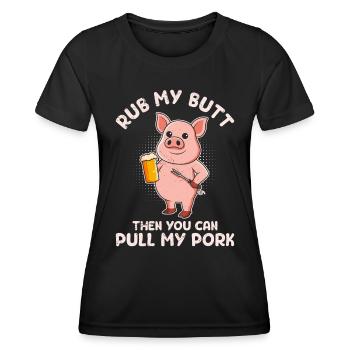 Mangeur de viande FROTTEZ-MOI LES FESSES Puis TIREZ MON PORC - T-shirt sport Femme - noir - Devant - AI Model Female 172 light (172cm)