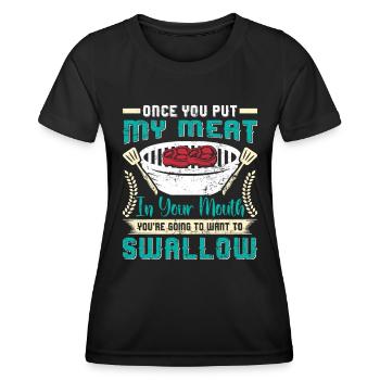 Grillparty UNE FOIS QUE TU AS MIS MA VIANDE DANS TA BOUCHE BBQ - T-shirt sport Femme - noir - Devant - AI Model Female 172 light (172cm)