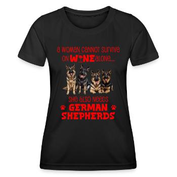 German Shepherd WOMAN CANNOT SURVIVE ON WINE - Women's Functional T-Shirt - black - Front - AI Model Female 172 light (172cm)