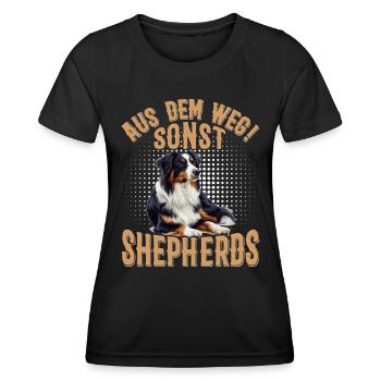 Australian Shepherds AUS DEM WEG SONST SHEPHERDS - Frauen Funktions-T-Shirt - Schwarz - Vorne - AI Model Female 172 light (172cm)