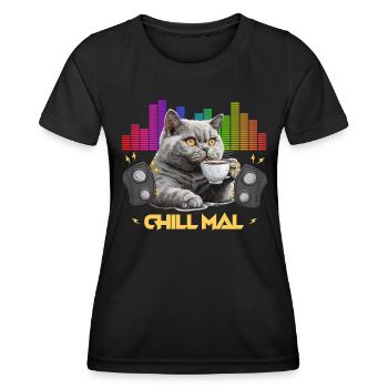 British Shorthair Cat CHILL MAL Funny - Women's Functional T-Shirt - black - Front - AI Model Female 172 light (172cm)