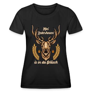 Munich folk festival MEI LEDERHOSEN IS IN DA WÄSCH - Women's Functional T-Shirt - black - Front - AI Model Female 172 light (172cm)