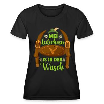 Munich folk festival MEI LEDERHOSN IS IN DA WÄSCH - Women's Functional T-Shirt - black - Front - AI Model Female 172 light (172cm)