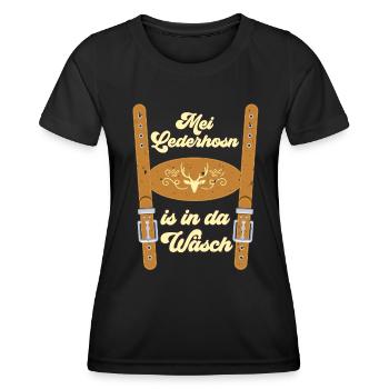 Munich folk festival MEI LEDERHOSN IS IN DA WÄSCH - Women's Functional T-Shirt - black - Front - AI Model Female 172 light (172cm)