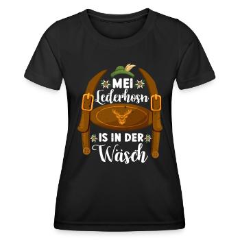Munich folk festival MEI LEDERHOSN IS IN DA WÄSCH - Women's Functional T-Shirt - black - Front - AI Model Female 172 light (172cm)