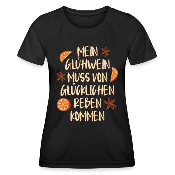 Glühwein MEIN GLÜHWEIN MUSS VON GLÜCKLICHEN REBEN - Frauen Funktions-T-Shirt - Schwarz - Vorne - AI Model Female 172 light (172cm)
