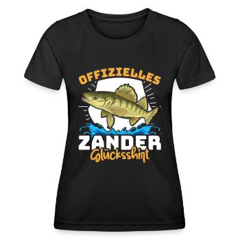 Zander Angeln OFFIZIELLES ZANDER GLÜCKSSHIRT - Frauen Funktions-T-Shirt - Schwarz - Vorne - AI Model Female 172 light (172cm)