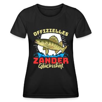 Zander Angeln OFFIZIELLES ZANDER GLÜCKSSHIRT - Frauen Funktions-T-Shirt - Schwarz - Vorne - AI Model Female 172 light (172cm)