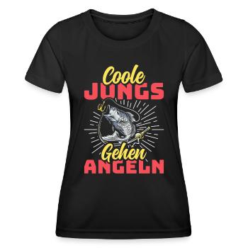 Angler Outfit COOLE JUNGS GEHEN ANGELN Lustiges - Frauen Funktions-T-Shirt - Schwarz - Vorne - AI Model Female 172 light (172cm)