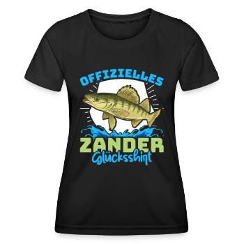 Zander Angeln OFFIZIELLES ZANDER GLÜCKSSHIRT - Frauen Funktions-T-Shirt - Schwarz - Vorne - AI Model Female 172 light (172cm)
