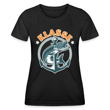 Hecht Angler KLASSE HECHT Lustiges Hecht Angeln - Frauen Funktions-T-Shirt - Schwarz - Vorne - AI Model Female 172 light (172cm)