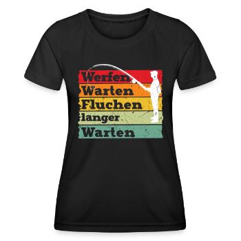 Angler Outfit WERFEN WARTEN KURBELN NOCHMAL Lustig - Frauen Funktions-T-Shirt - Schwarz - Vorne - AI Model Female 172 light (172cm)