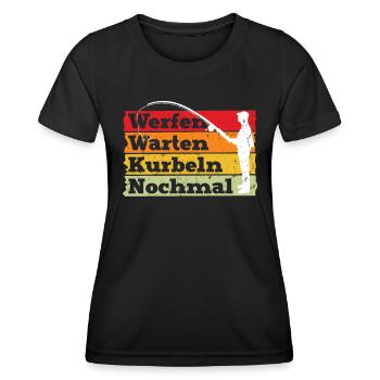 Angler Outfit WERFEN WARTEN KURBELN NOCHMAL Lustig - Frauen Funktions-T-Shirt - Schwarz - Vorne - AI Model Female 172 light (172cm)