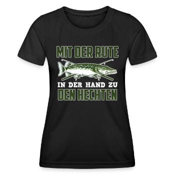 Hecht Angler MIT DER RUTE IN DER HAND ZU DEN - Frauen Funktions-T-Shirt - Schwarz - Vorne - AI Model Female 172 light (172cm)