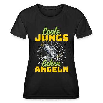Angler Outfit COOLE JUNGS GEHEN ANGELN Lustiges - Frauen Funktions-T-Shirt - Schwarz - Vorne - AI Model Female 172 light (172cm)