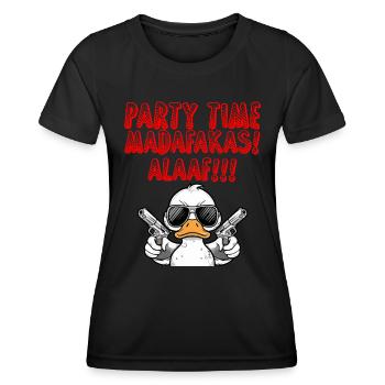 Entenkostüm PARTY TIME MADAFAKAS ALAAF Lustiges - Frauen Funktions-T-Shirt - Schwarz - Vorne - AI Model Female 172 light (172cm)