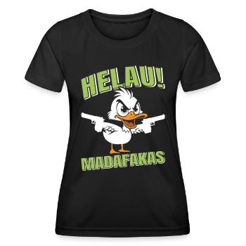 Kölner Karneval HELAU MADAFAKAS Lustiges Enten - Frauen Funktions-T-Shirt - Schwarz - Vorne - AI Model Female 172 light (172cm)
