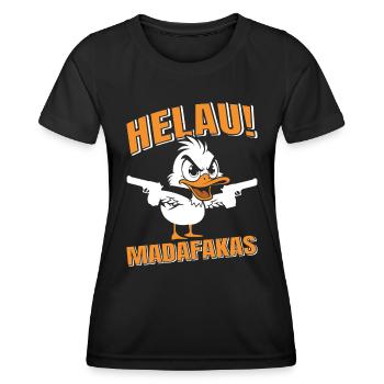 Kölner Karneval HELAU MADAFAKAS Lustiges Enten - Frauen Funktions-T-Shirt - Schwarz - Vorne - AI Model Female 172 light (172cm)