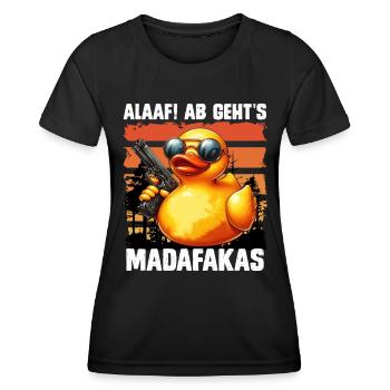 Karneval Ente ALAAF! AB GEHTS MADAFAKAS Lustiges - Frauen Funktions-T-Shirt - Schwarz - Vorne - AI Model Female 172 light (172cm)