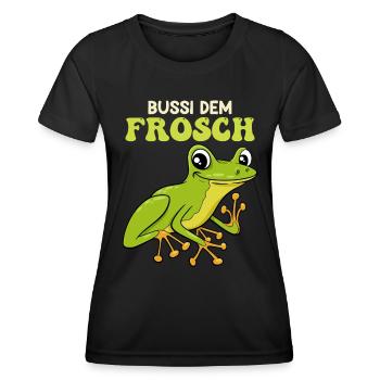 Froschkostüm BUSSI DEM FROSCH Lustiges Frosch - Frauen Funktions-T-Shirt - Schwarz - Vorne - AI Model Female 172 light (172cm)