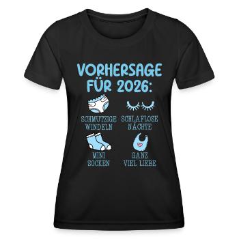 Werdende Mutter 2026 VORHERSAGE Lustiges - Frauen Funktions-T-Shirt - Schwarz - Vorne - AI Model Female 172 light (172cm)