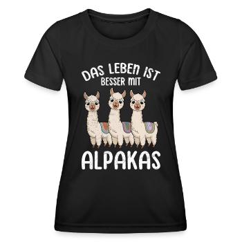Alpaka DAS LEBEN IST BETTER MIT ALPAKAS Lustiges - Frauen Funktions-T-Shirt - Schwarz - Vorne - AI Model Female 172 light (172cm)