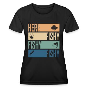 Here Fish Fishy Hunting Cool Fisherman Retro - Women's Functional T-Shirt - black - Front - AI Model Female 172 light (172cm)