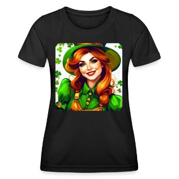 Saint Patricks Day Kobold Mädchen mit Kleeblatt - Frauen Funktions-T-Shirt - Schwarz - Vorne - AI Model Female 172 light (172cm)
