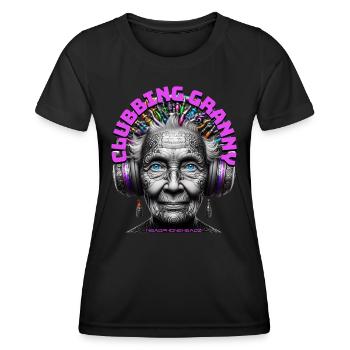 CLUBBING GRANNY - Cool Grandmother with Headphones - Women's Functional T-Shirt - black - Front - AI Model Female 172 light (172cm)