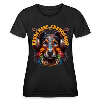 HOUSE HERE TRANCE NOW - Collie with Headphones! - Women's Functional T-Shirt - black - Front - AI Model Female 172 light (172cm)