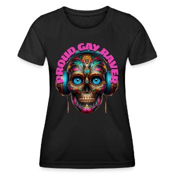 PROUD GAY RAVER - Cool Skull with Headphones! - Women's Functional T-Shirt - black - Front - AI Model Female 172 light (172cm)