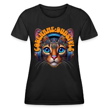 CODENAME:DUBSTYLE - Abyssinian Cat with Headphones - Women's Functional T-Shirt - black - Front - AI Model Female 172 light (172cm)