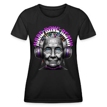 HARD RAVE REMIX - Cool Grandma with Headphones! - Women's Functional T-Shirt - black - Front - AI Model Female 172 light (172cm)