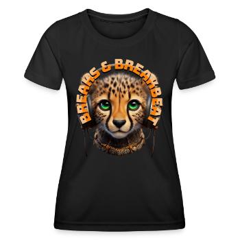 BREAKS & BREAKBEAT - Cute Cheetah with Headphones! - Women's Functional T-Shirt - black - Front - AI Model Female 172 light (172cm)