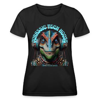 MESOZOIC TECH HOUSE – Cool T-REX with Headphones! - Women's Functional T-Shirt - black - Front - AI Model Female 172 light (172cm)