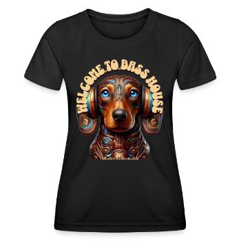 WELCOME TO BASS HOUSE - Dachshund with Headphones! - Women's Functional T-Shirt - black - Front - AI Model Female 172 light (172cm)