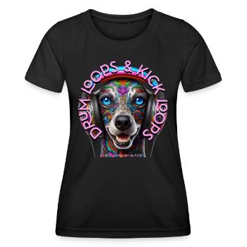 DRUM LOOPS & KICK LOOPS - Cute Dog with Headphones - Women's Functional T-Shirt - black - Front - AI Model Female 172 light (172cm)