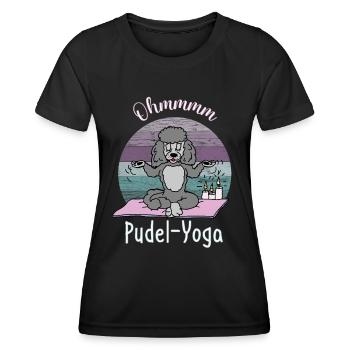 Pudelmotiv, Ohmmmm - Silber Pudel praktiziert Yoga - Frauen Funktions-T-Shirt - Schwarz - Vorne - AI Model Female 172 light (172cm)