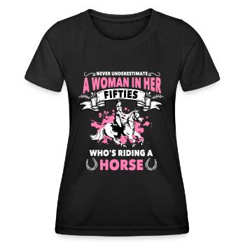50 Jährige Reiterin Shirt Geschenk Pferd - Frauen Funktions-T-Shirt - Schwarz - Vorne - AI Model Female 172 light (172cm)