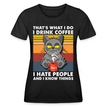 Kaffee Leute Schwarze Katze Grafik - Frauen Funktions-T-Shirt - Schwarz - Vorne - AI Model Female 172 light (172cm)