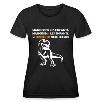 dinosaure. Mangeons, les enfants. - T-shirt sport Femme - noir - Devant - AI Model Female 172 light (172cm)