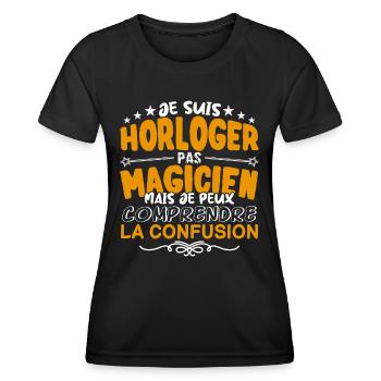 Horloger | Horloger pas Magicien | Meilleur Horlog - T-shirt sport Femme - noir - Devant - AI Model Female 172 light (172cm)