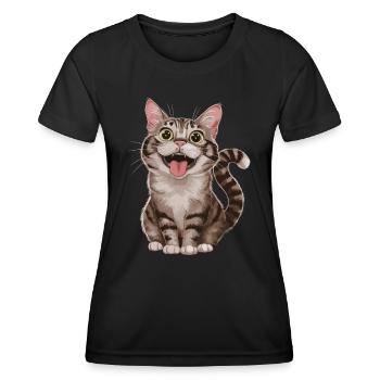 Fröhliche Getigerte Katze Mit Weit Geöffneten - Frauen Funktions-T-Shirt - Schwarz - Vorne - AI Model Female 172 light (172cm)
