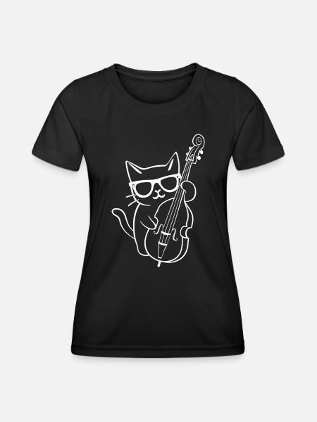 Katze Mit Sonnenbrille Spielt Kontrabass - Frauen Funktions-T-Shirt - Schwarz