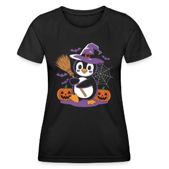 Penguin Halloween Witch with Pumpkins and Broom - Women's Functional T-Shirt - black - Front - AI Model Female 172 light (172cm)
