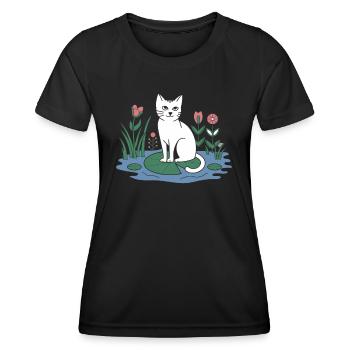 Chat cottagecore sur nénuphar dans le jardin - T-shirt sport Femme - noir - Devant - AI Model Female 172 light (172cm)