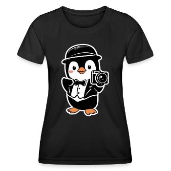 Eleganter Pinguin mit Kamera - Frauen Funktions-T-Shirt - Schwarz - Vorne - AI Model Female 172 light (172cm)