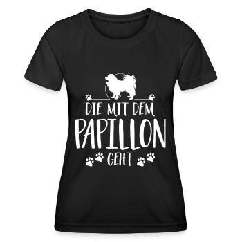 DIE MIT PAPILLON GEHT Hundespruch Hund Wilsigns - Frauen Funktions-T-Shirt - Schwarz - Vorne - AI Model Female 172 light (172cm)
