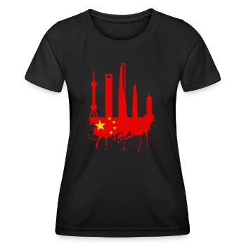 Shanghai Skyline China Flag Chinese Flag - Women's Functional T-Shirt - black - Front - AI Model Female 172 light (172cm)