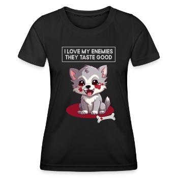 Ich liebe meine Feinde, Humor, Sarkasmus, Wolf - Frauen Funktions-T-Shirt - Schwarz - Vorne - AI Model Female 172 light (172cm)